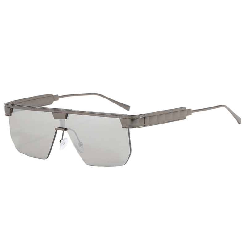 86528 moldura retangular de meio aro com design completo de lentes de lente brilhante e templos de metal prateado Men óculos de sol